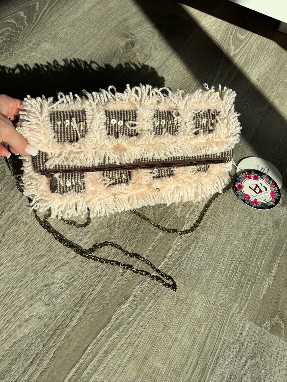 America & Beyond Sugar Almond Tweed Wool Foldover Clutch NWT